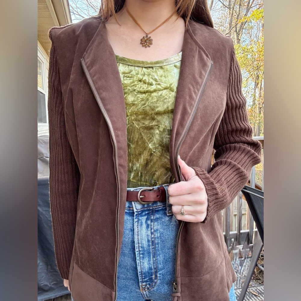 Sag Harbor Brown Sweater Jacket Suede Front and Knit Sleeves and Back Size‎ 14